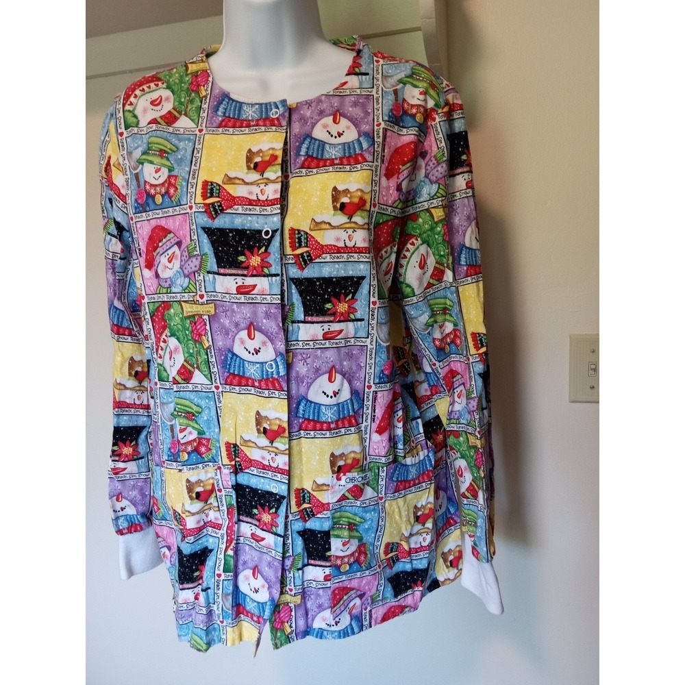 Cherokee Snowman Scrub Jacket XS Holiday Christmas Ready Set Snow Snap Front